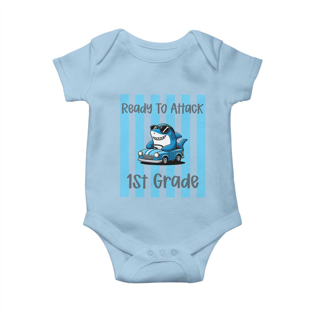 Ready To Attack 1st Grade Baby Onesie Funny Shark Driving Car Back To School