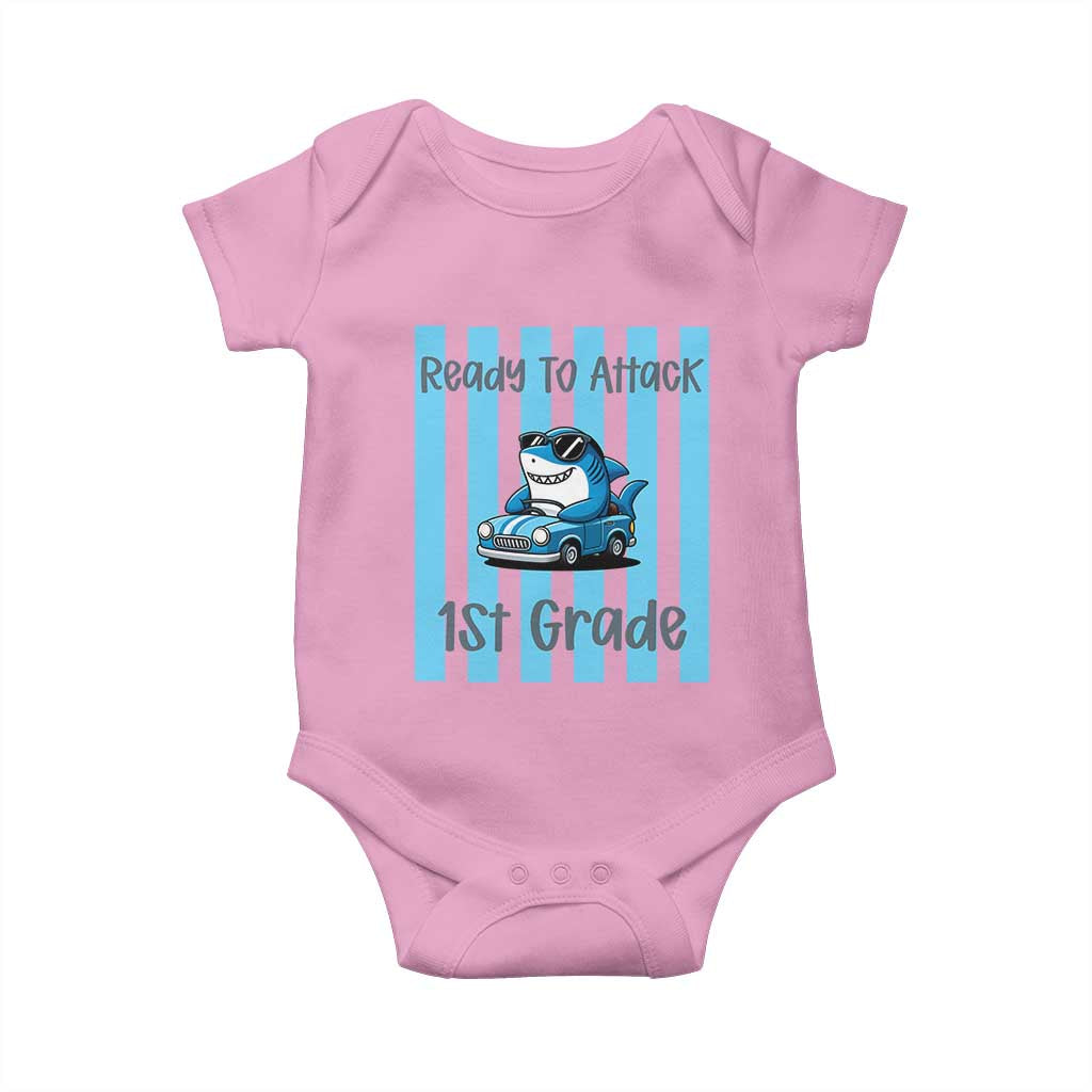 Ready To Attack 1st Grade Baby Onesie Funny Shark Driving Car Back To School