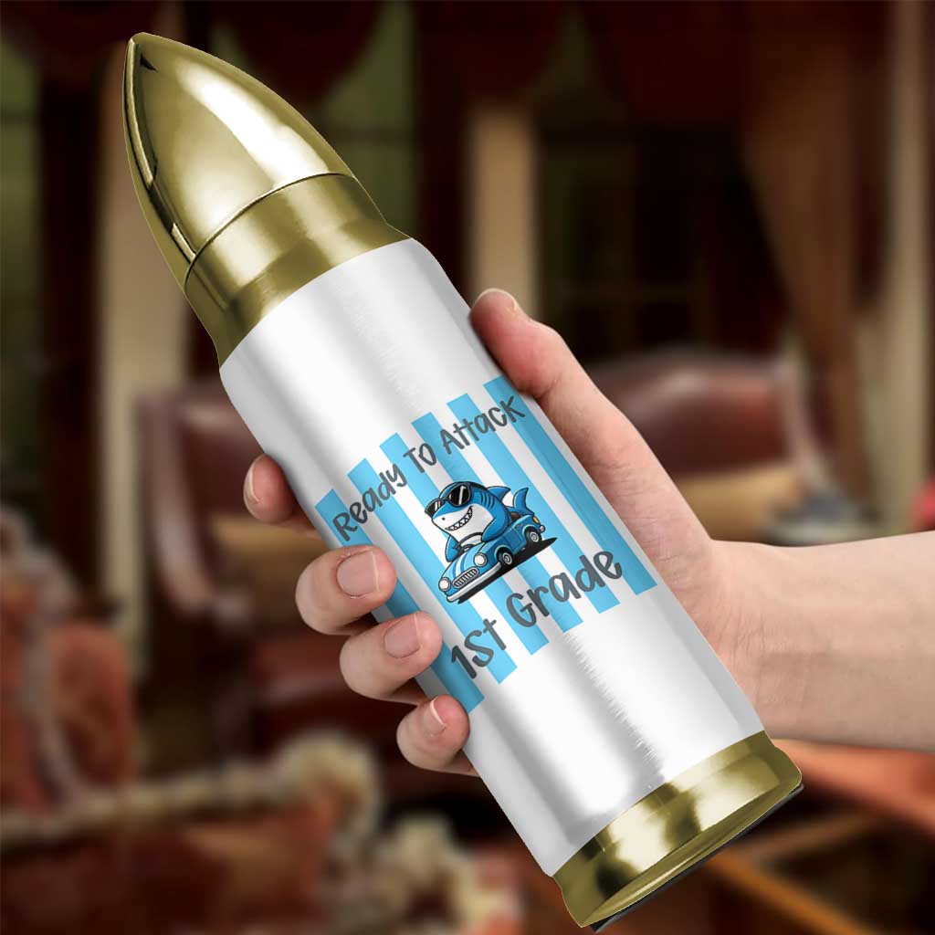 Ready To Attack 1st Grade Bullet Tumbler Funny Shark Driving Car Back To School
