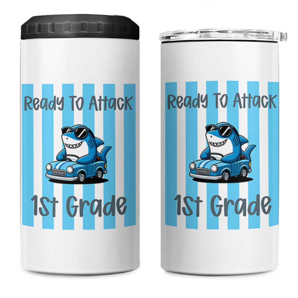 Ready To Attack 1st Grade 4 in 1 Can Cooler Tumbler Funny Shark Driving Car Back To School