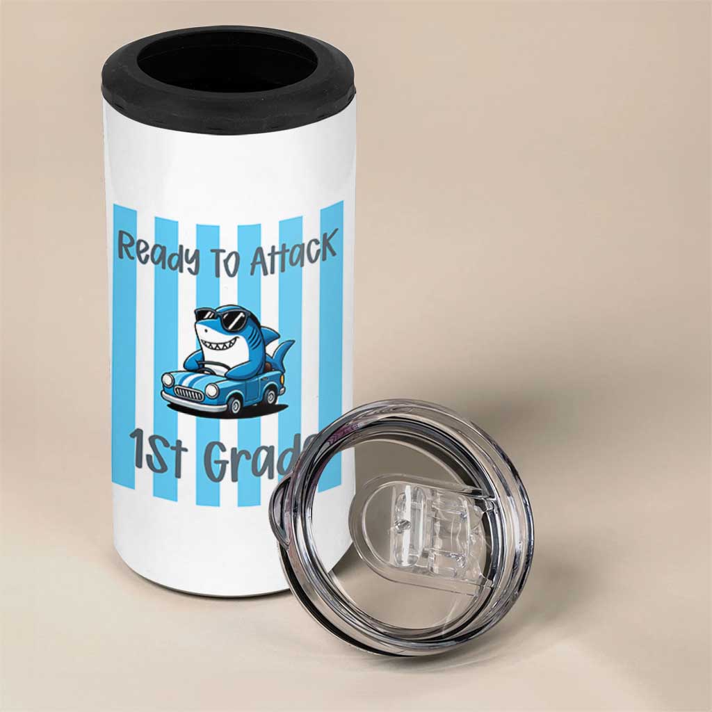 Ready To Attack 1st Grade 4 in 1 Can Cooler Tumbler Funny Shark Driving Car Back To School