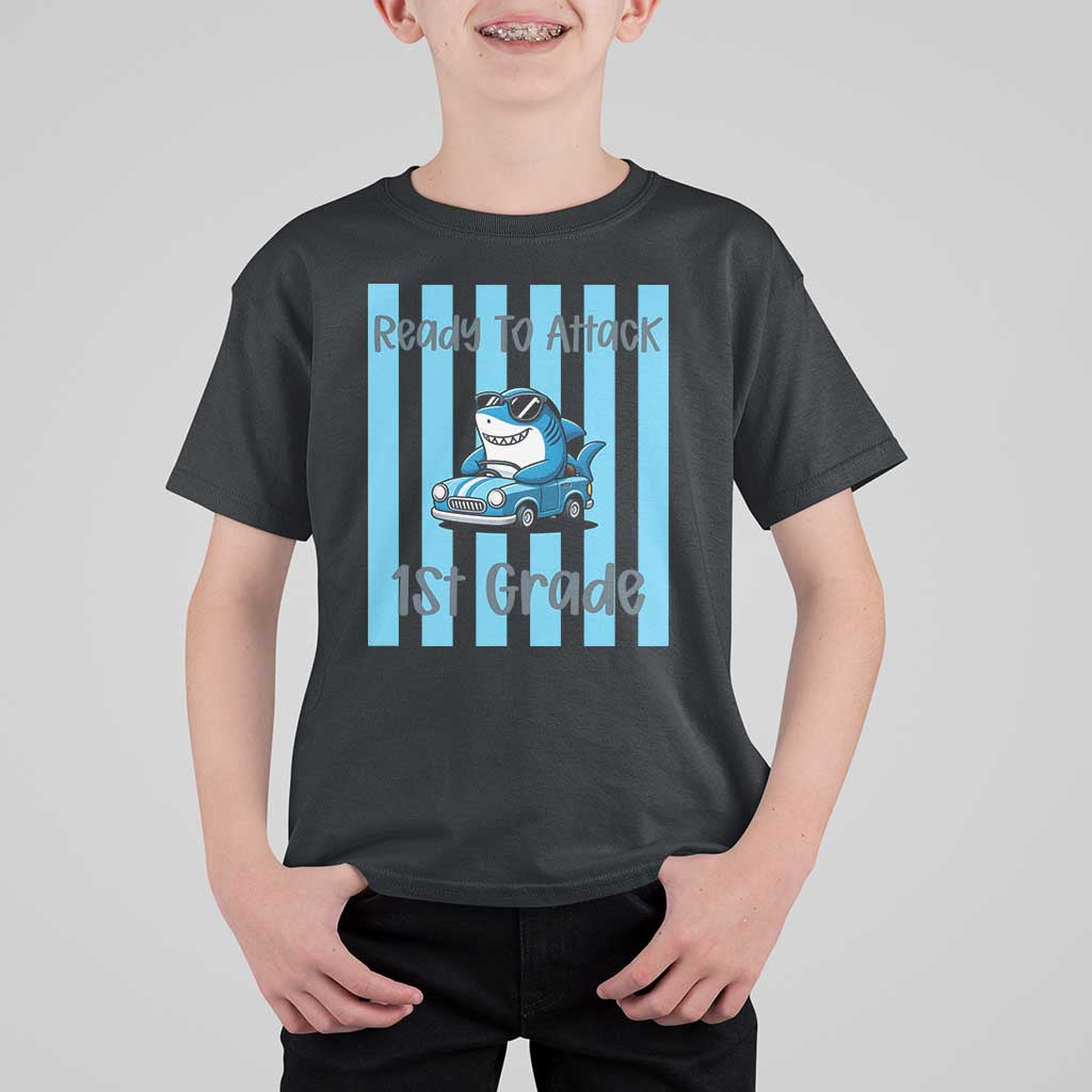 Ready To Attack 1st Grade T Shirt For Kid Funny Shark Driving Car Back To School