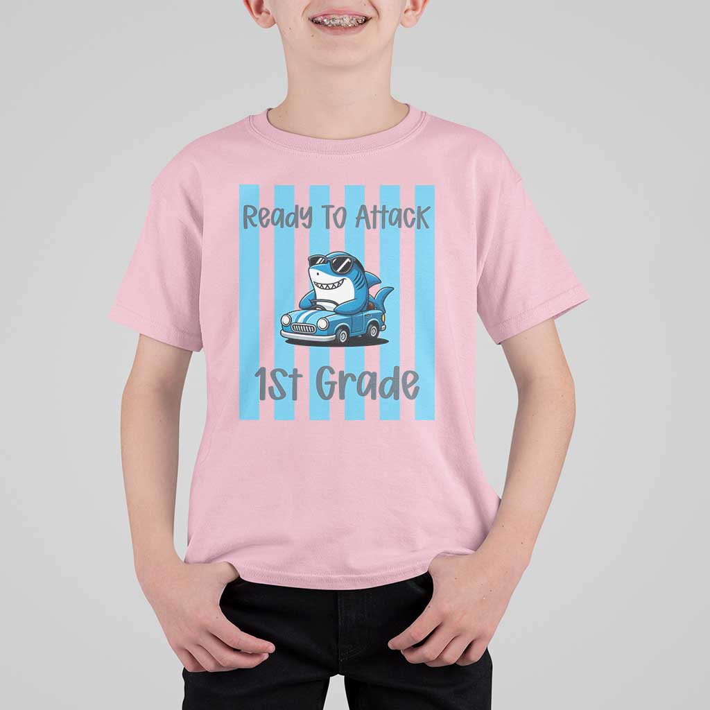 Ready To Attack 1st Grade T Shirt For Kid Funny Shark Driving Car Back To School