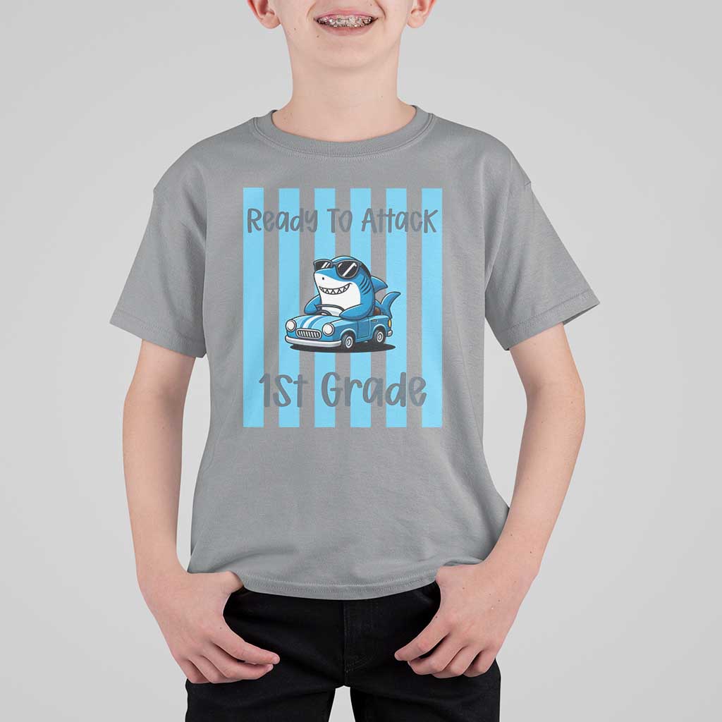Ready To Attack 1st Grade T Shirt For Kid Funny Shark Driving Car Back To School