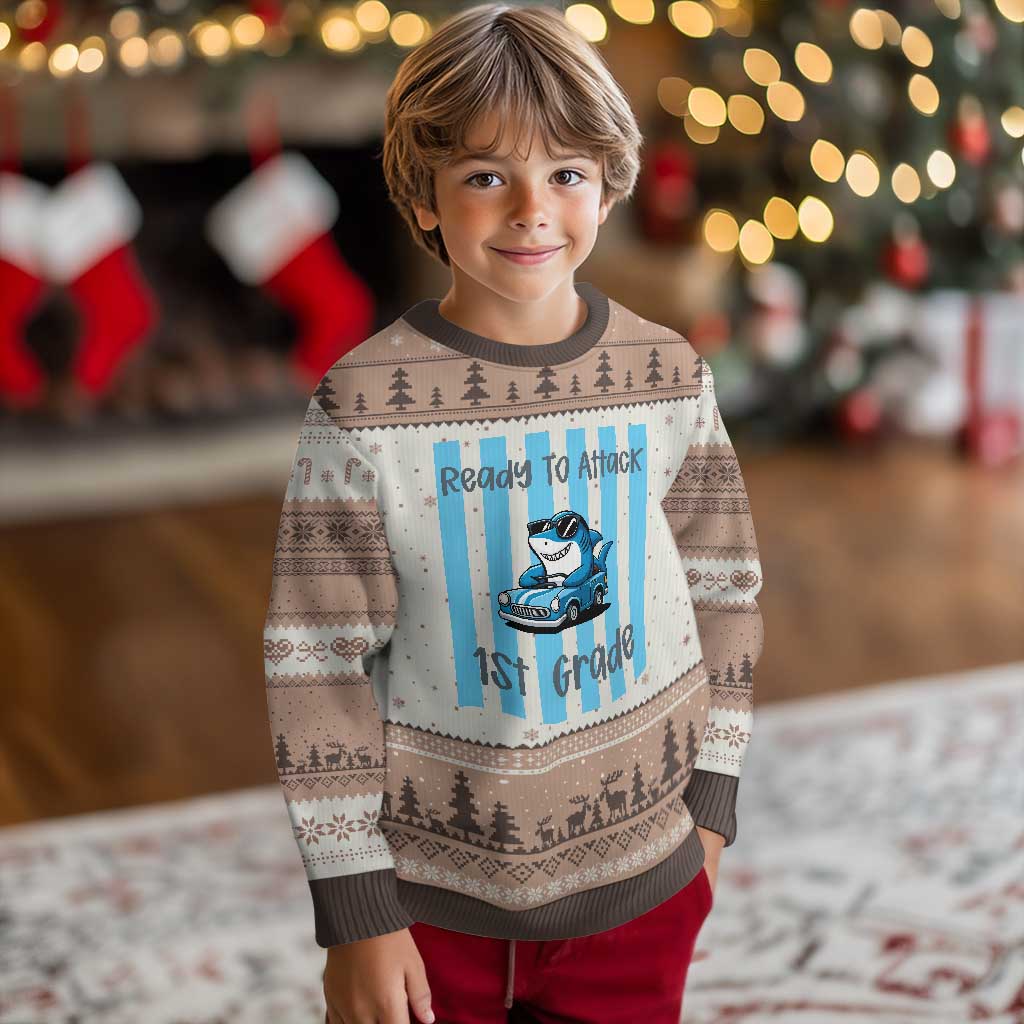 Ready To Attack 1st Grade Ugly Christmas Sweater Funny Shark Driving Car Back To School