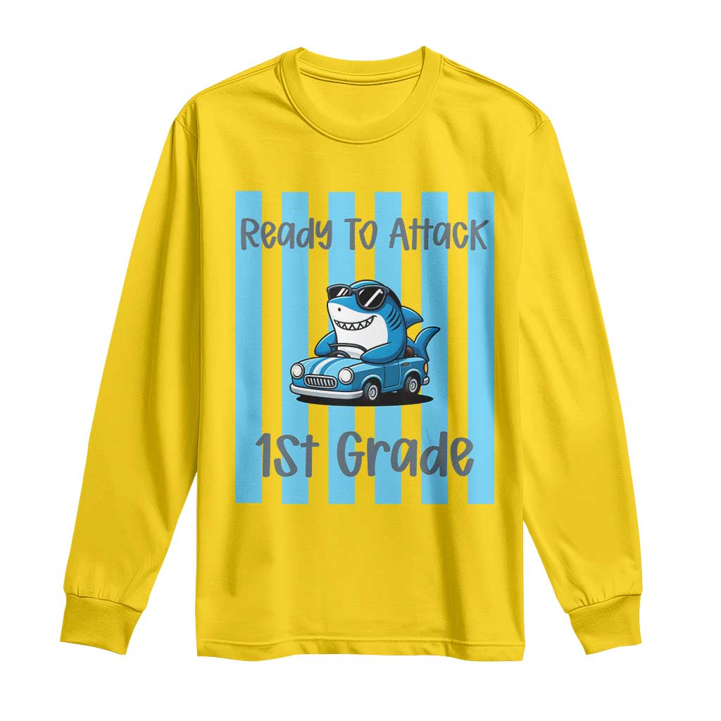 Ready To Attack 1st Grade Long Sleeve Shirt Funny Shark Driving Car Back To School
