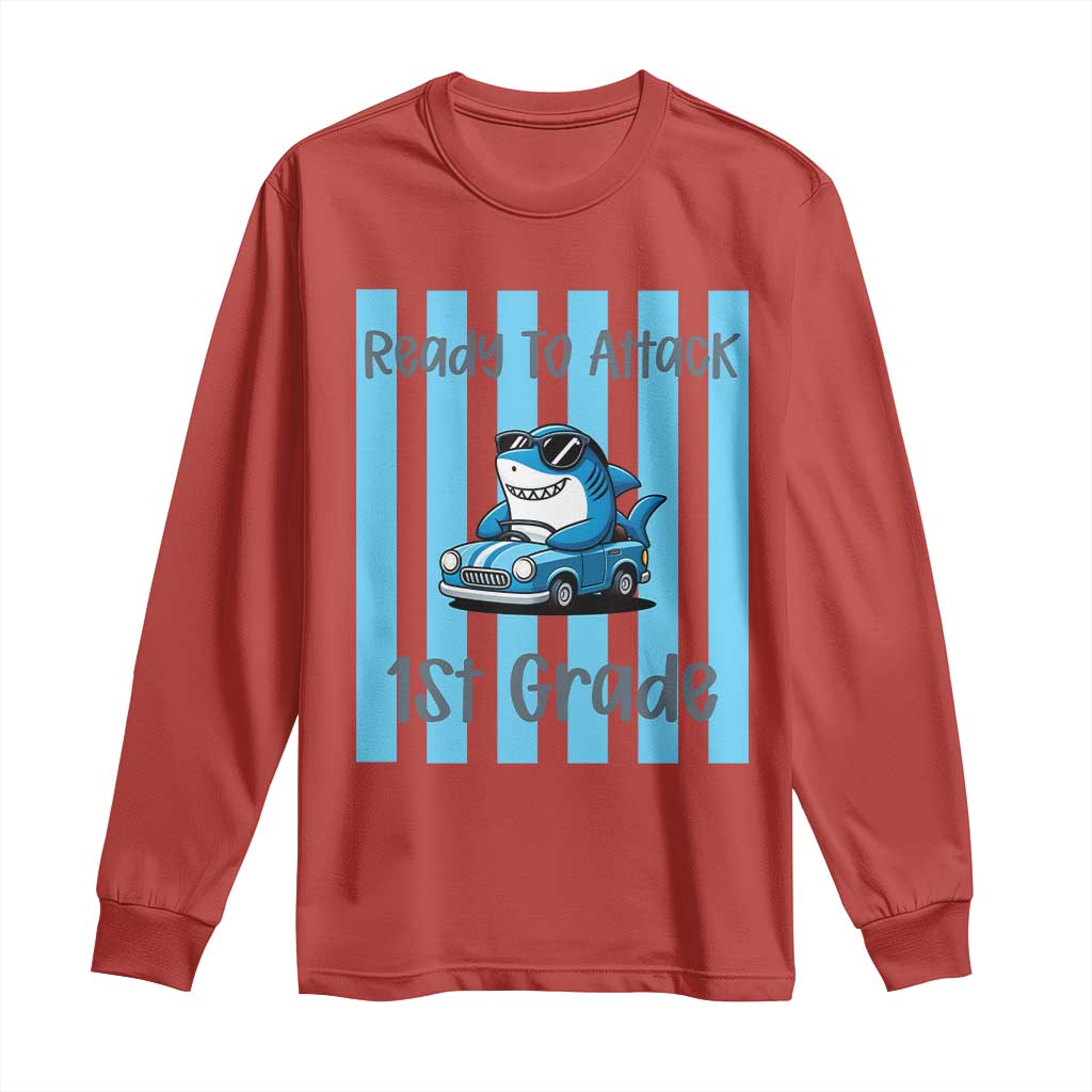 Ready To Attack 1st Grade Long Sleeve Shirt Funny Shark Driving Car Back To School