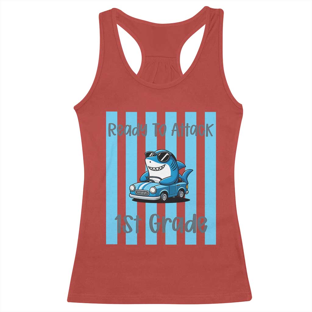 Ready To Attack 1st Grade Racerback Tank Top Funny Shark Driving Car Back To School