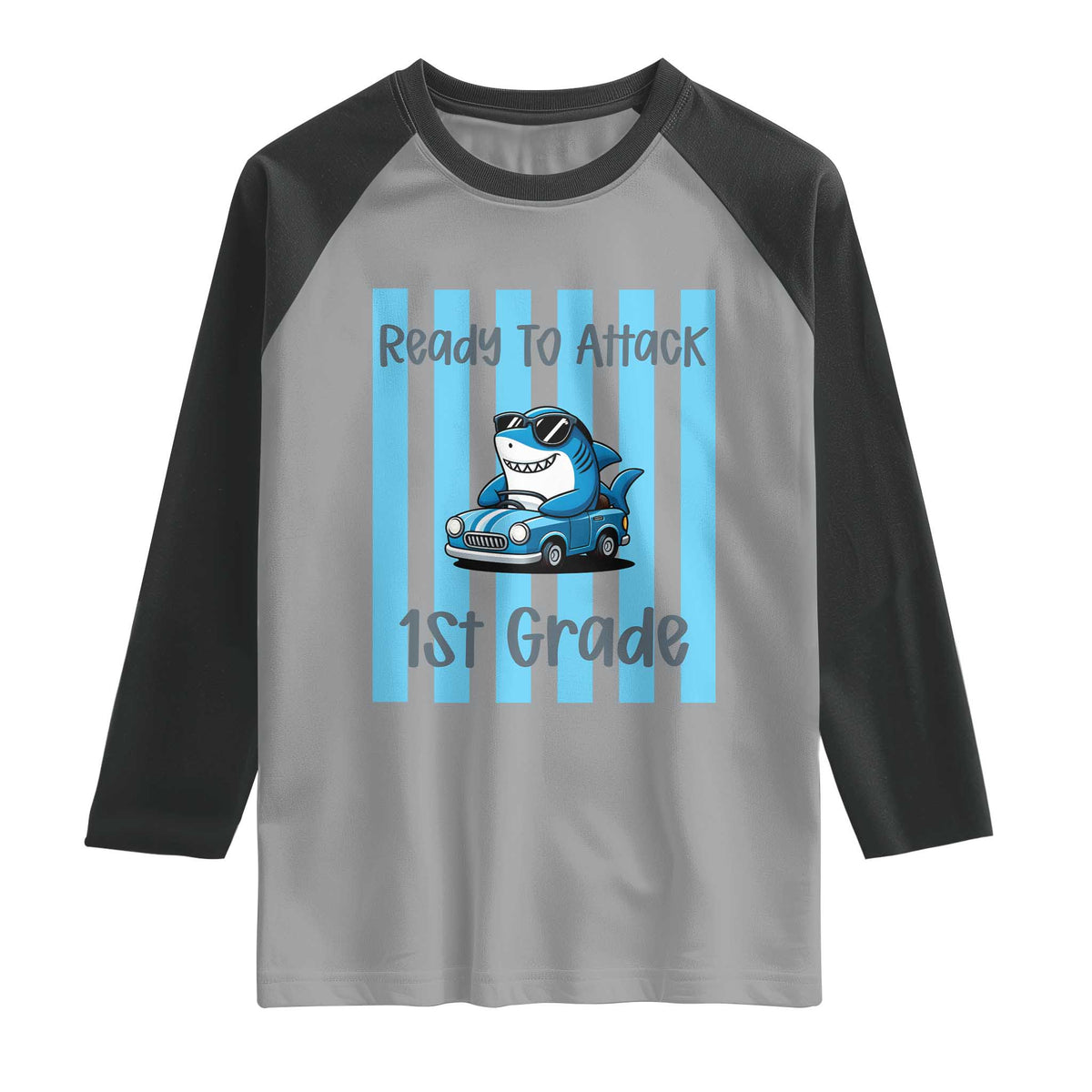 Ready To Attack 1st Grade Raglan Shirt Funny Shark Driving Car Back To School