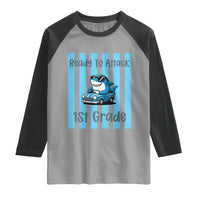 Ready To Attack 1st Grade Raglan Shirt Funny Shark Driving Car Back To School