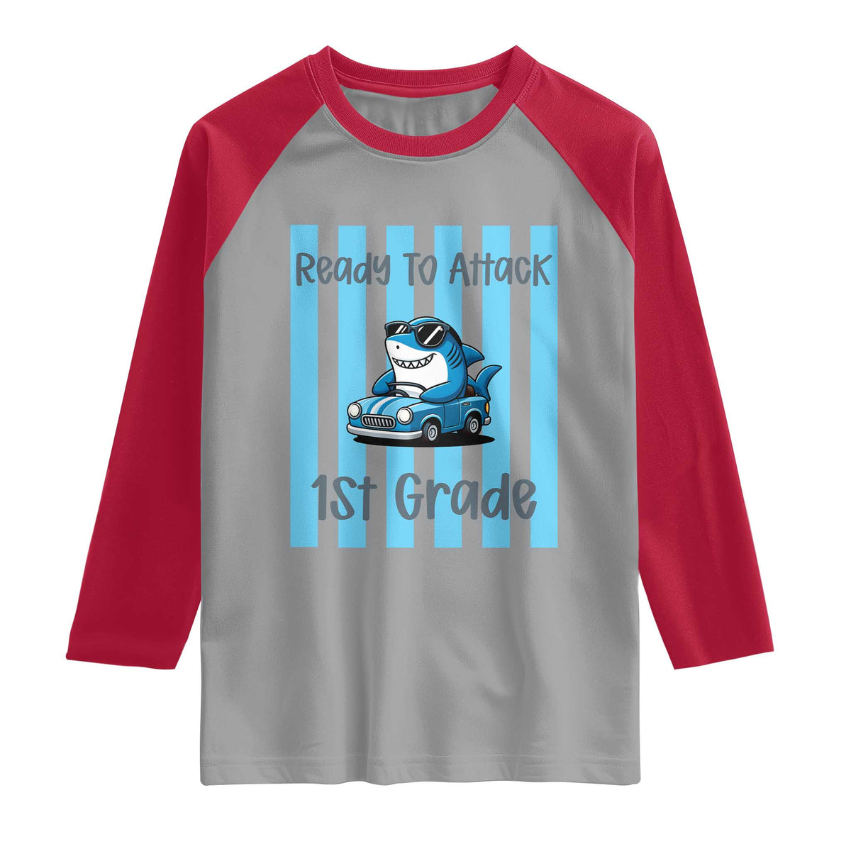 Ready To Attack 1st Grade Raglan Shirt Funny Shark Driving Car Back To School