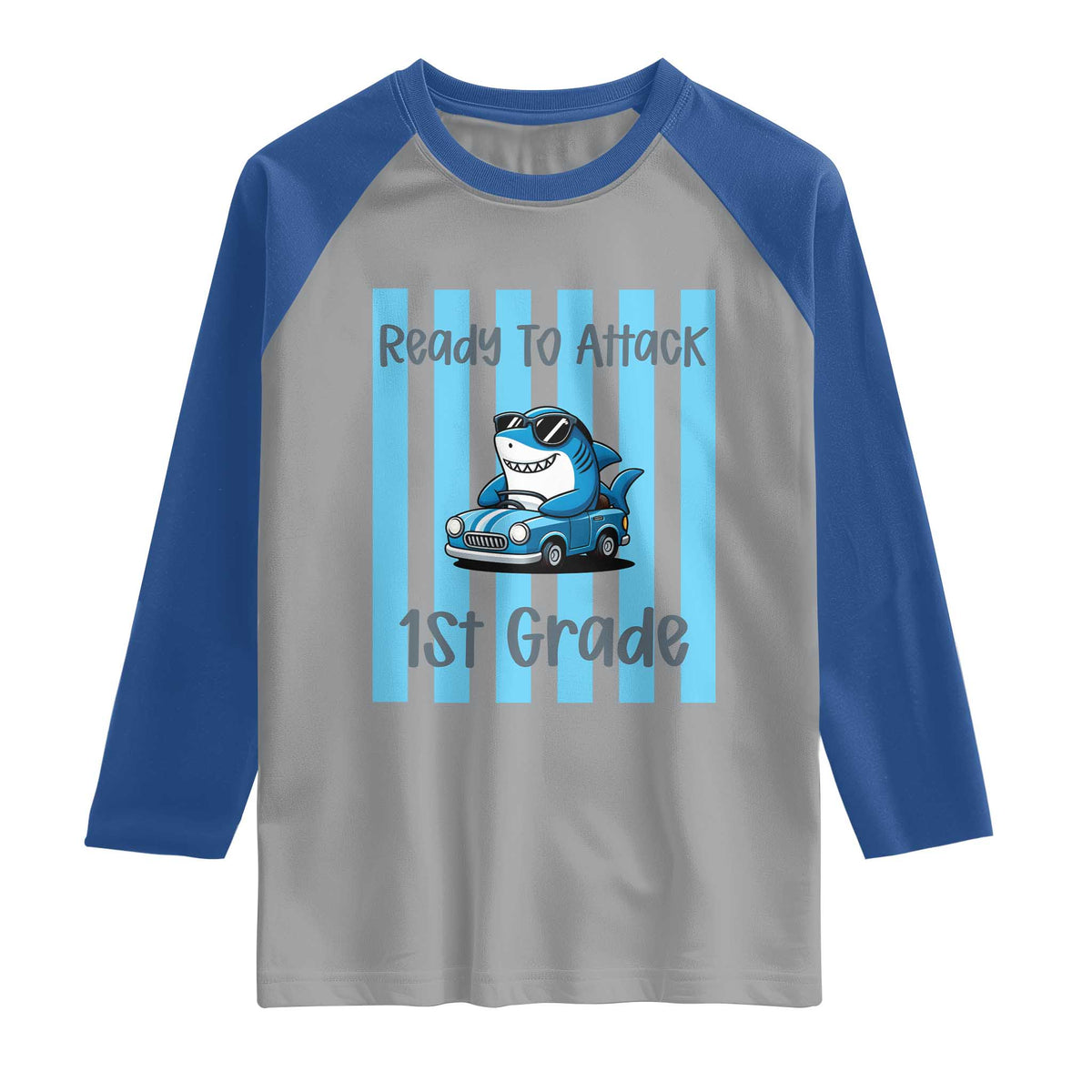 Ready To Attack 1st Grade Raglan Shirt Funny Shark Driving Car Back To School