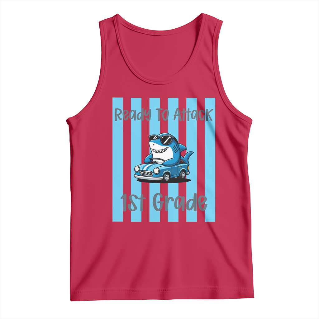Ready To Attack 1st Grade Tank Top Funny Shark Driving Car Back To School
