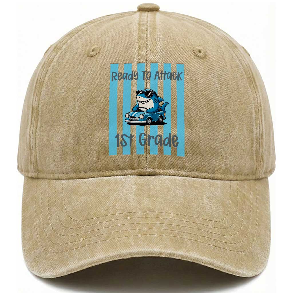 Ready To Attack 1st Grade Washed Cotton Baseball Cap Funny Shark Driving Car Back To School