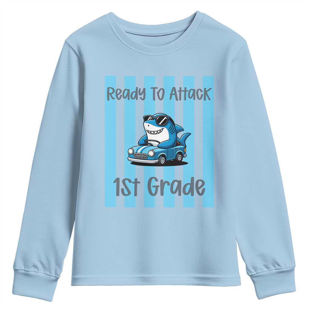Ready To Attack 1st Grade Youth Sweatshirt Funny Shark Driving Car Back To School