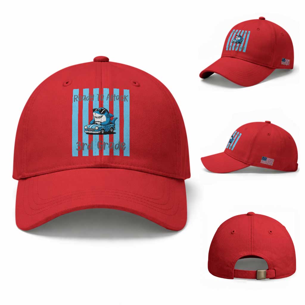 Ready To Attack 3rd Grade Baseball Cap Funny Shark Driving Car Back To School