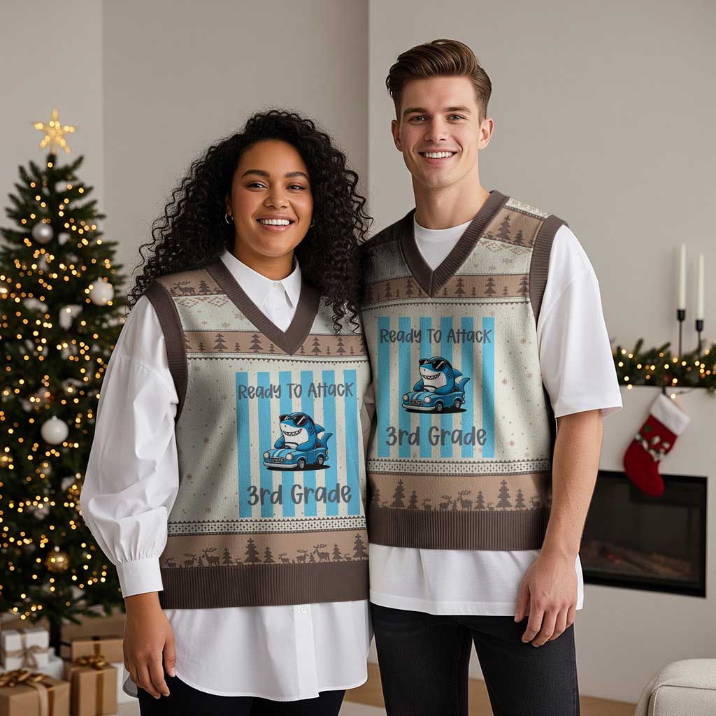 Ready To Attack 3rd Grade V-Neck Knit Sweater Vest Funny Shark Driving Car Back To School