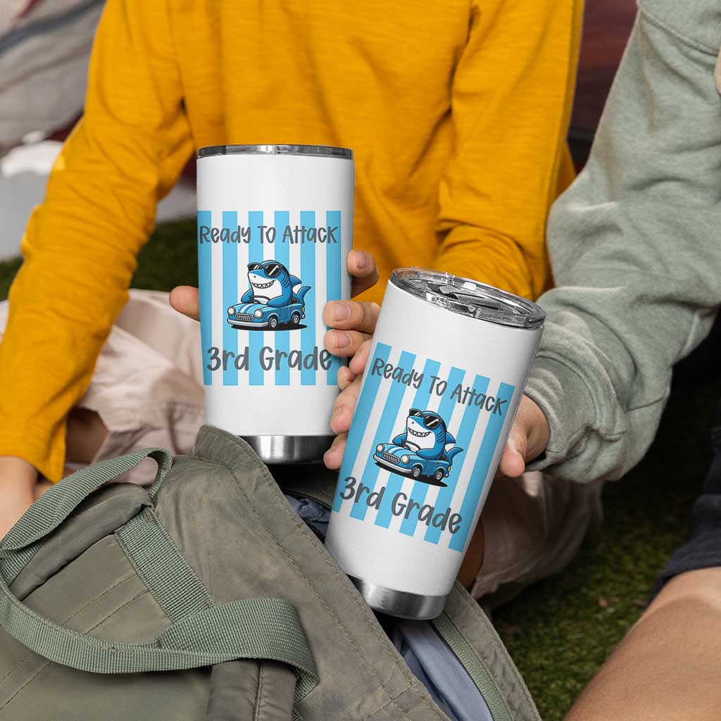 Ready To Attack 3rd Grade Tumbler Cup Funny Shark Driving Car Back To School