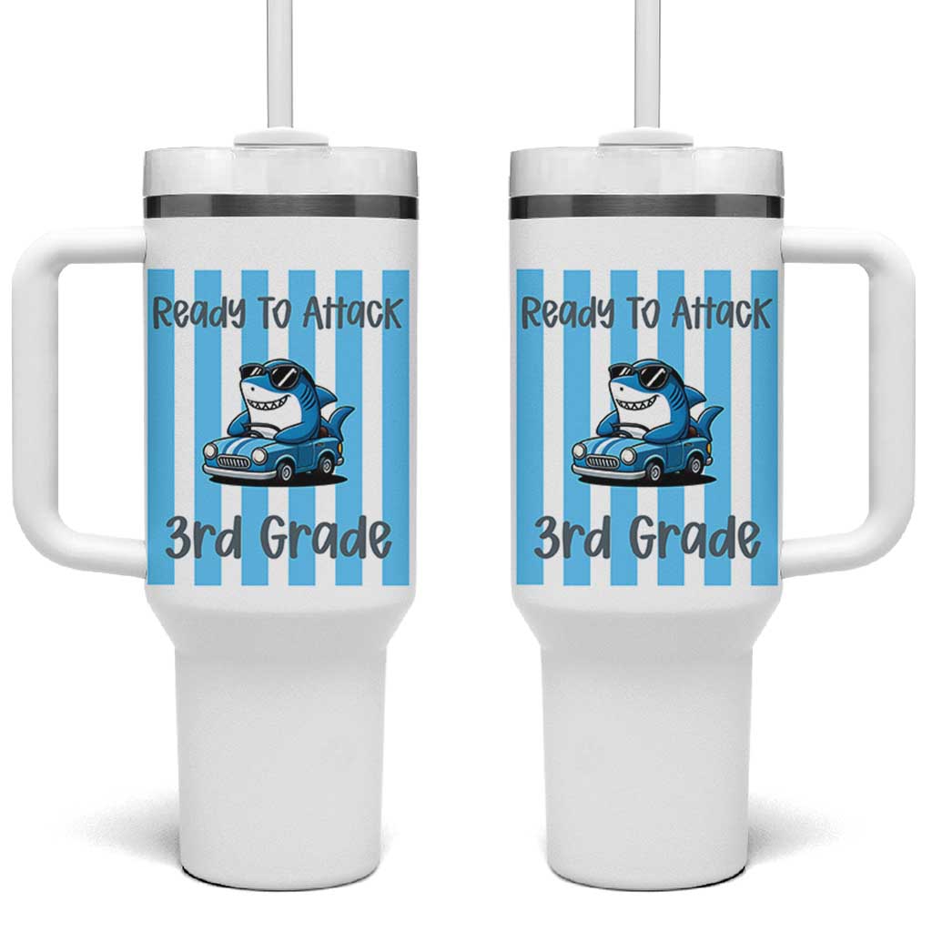 Ready To Attack 3rd Grade Tumbler With Handle Funny Shark Driving Car Back To School