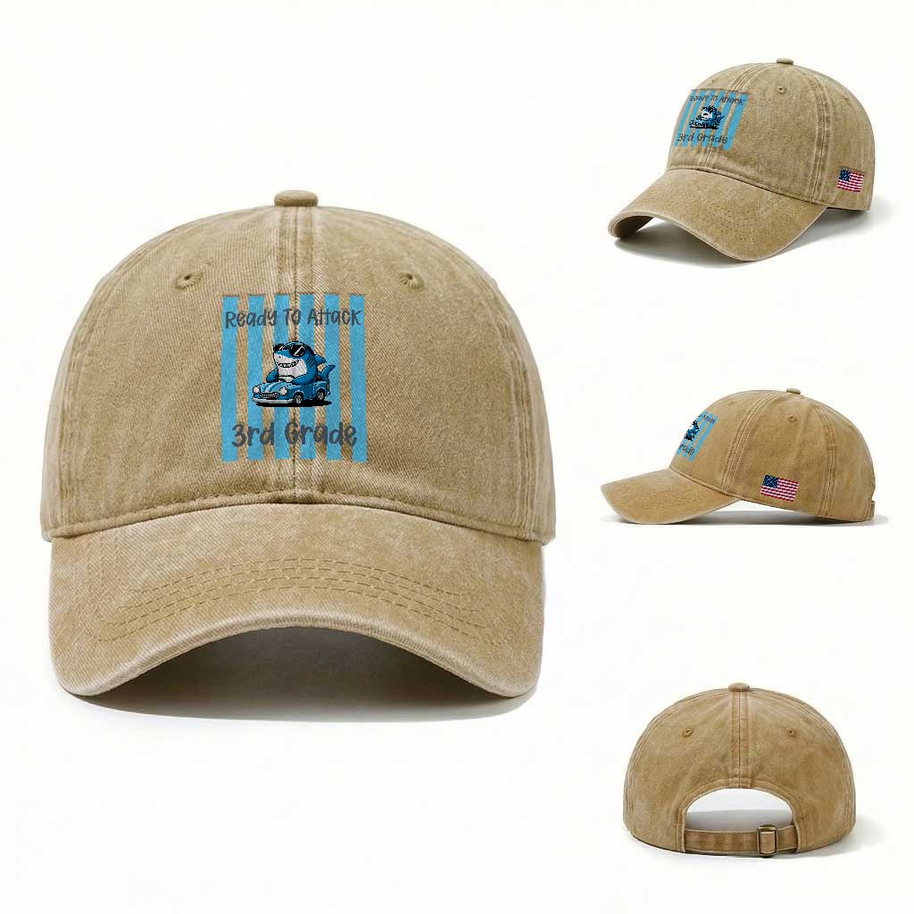 Ready To Attack 3rd Grade Washed Cotton Baseball Cap Funny Shark Driving Car Back To School