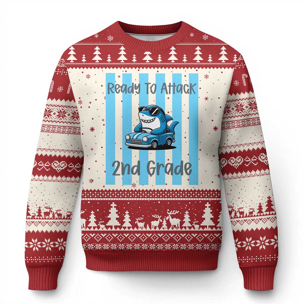Ready To Attack 2nd Grade Ugly Christmas Sweater Funny Shark Driving Car Back To School