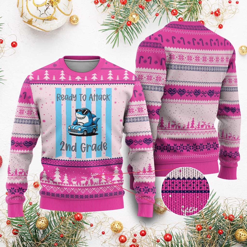Ready To Attack 2nd Grade Ugly Christmas Sweater Funny Shark Driving Car Back To School