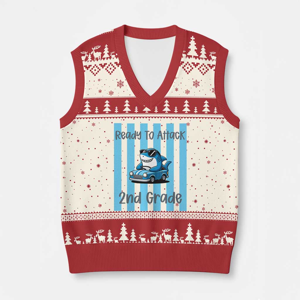 Ready To Attack 2nd Grade V-Neck Knit Sweater Vest Funny Shark Driving Car Back To School