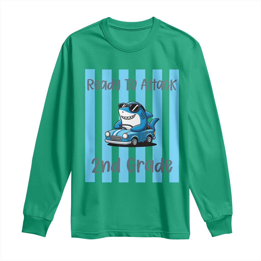 Ready To Attack 2nd Grade Long Sleeve Shirt Funny Shark Driving Car Back To School