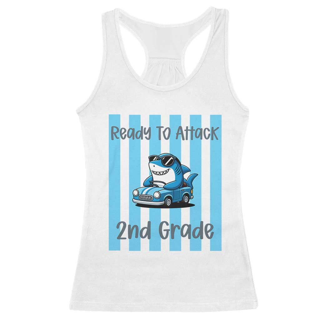 Ready To Attack 2nd Grade Racerback Tank Top Funny Shark Driving Car Back To School