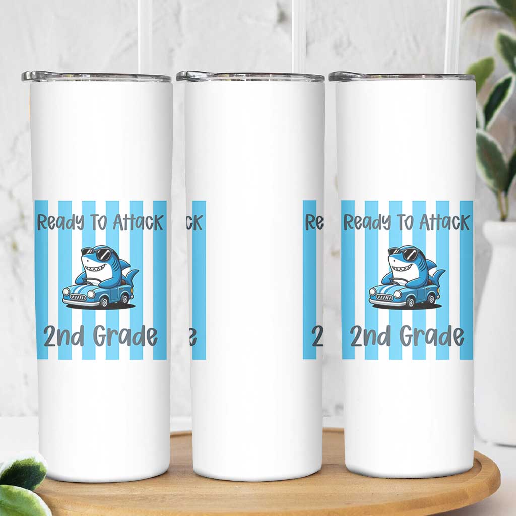 Ready To Attack 2nd Grade Skinny Tumbler Funny Shark Driving Car Back To School