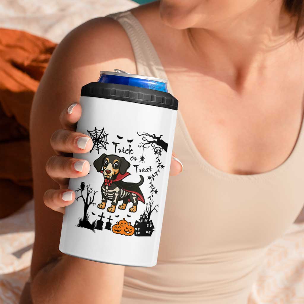 Funny Halloween Gift 4 in 1 Can Cooler Tumbler Trick Or Treat With My Dachshund Dracula