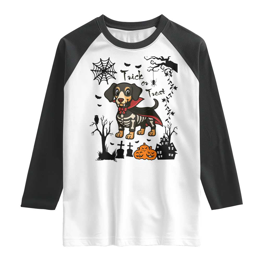 Funny Halloween Gift Raglan Shirt Trick Or Treat With My Dachshund Dracula - Wonder Print Shop