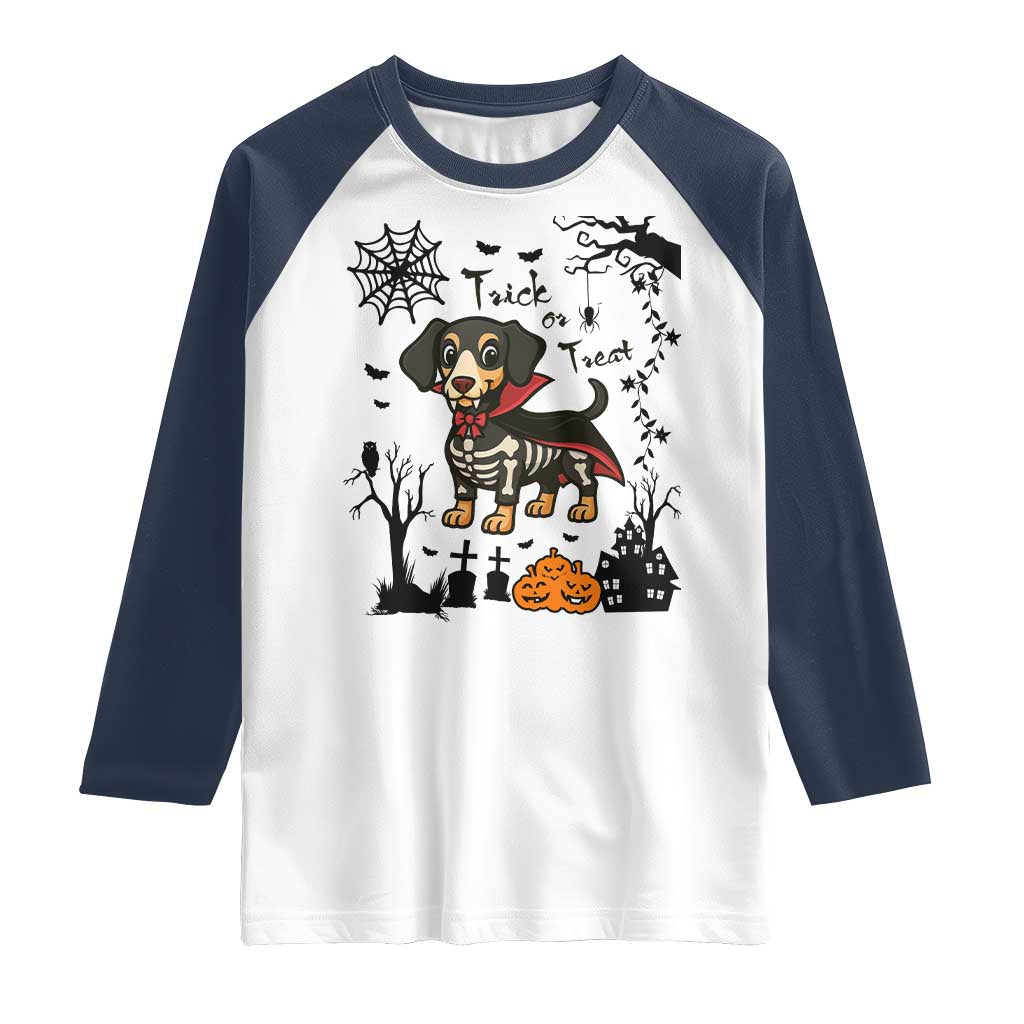 Funny Halloween Gift Raglan Shirt Trick Or Treat With My Dachshund Dracula - Wonder Print Shop