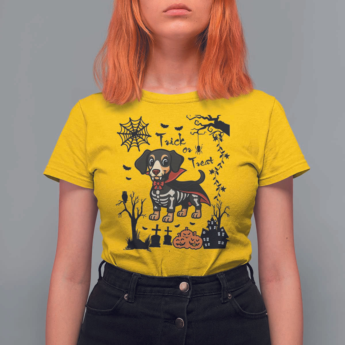 Funny Halloween Gift T Shirt For Women Trick Or Treat With My Dachshund Dracula - Wonder Print Shop