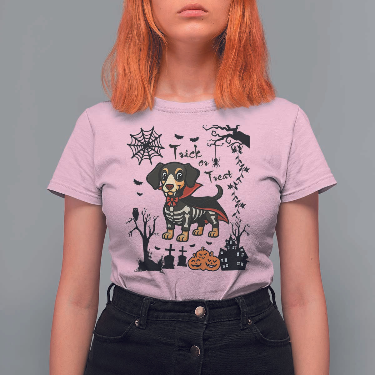 Funny Halloween Gift T Shirt For Women Trick Or Treat With My Dachshund Dracula - Wonder Print Shop