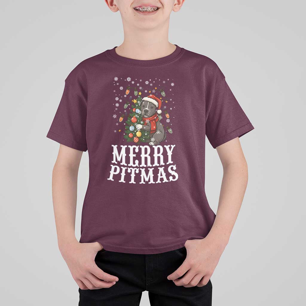 Christmas Pitbull T Shirt For Kid Funny Merry Pitmas Tree Hug - Wonder Print Shop