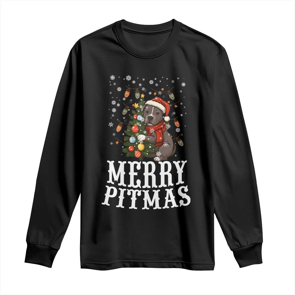 Christmas Pitbull Long Sleeve Shirt Funny Merry Pitmas Tree Hug - Wonder Print Shop