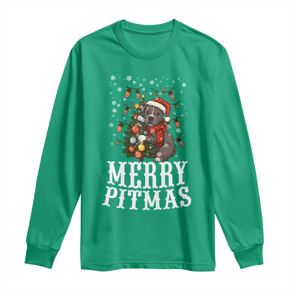 Christmas Pitbull Long Sleeve Shirt Funny Merry Pitmas Tree Hug - Wonder Print Shop