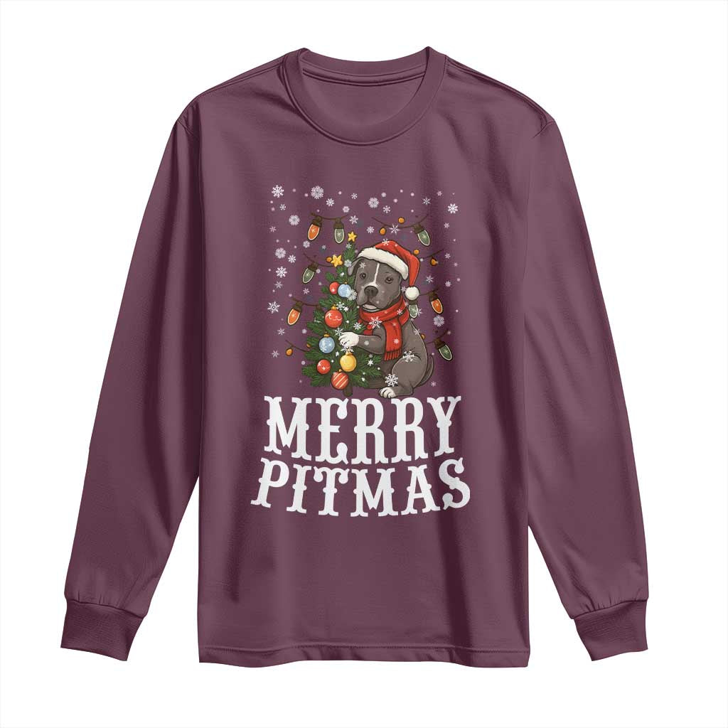 Christmas Pitbull Long Sleeve Shirt Funny Merry Pitmas Tree Hug - Wonder Print Shop