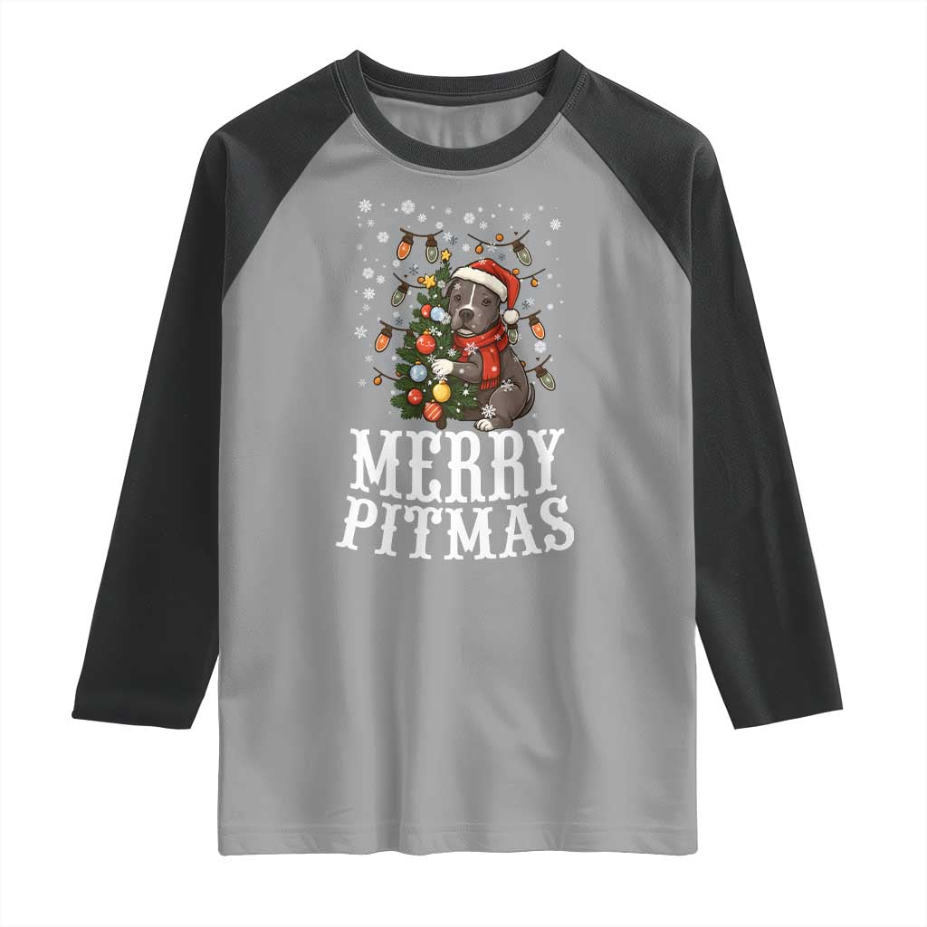Christmas Pitbull Raglan Shirt Funny Merry Pitmas Tree Hug - Wonder Print Shop