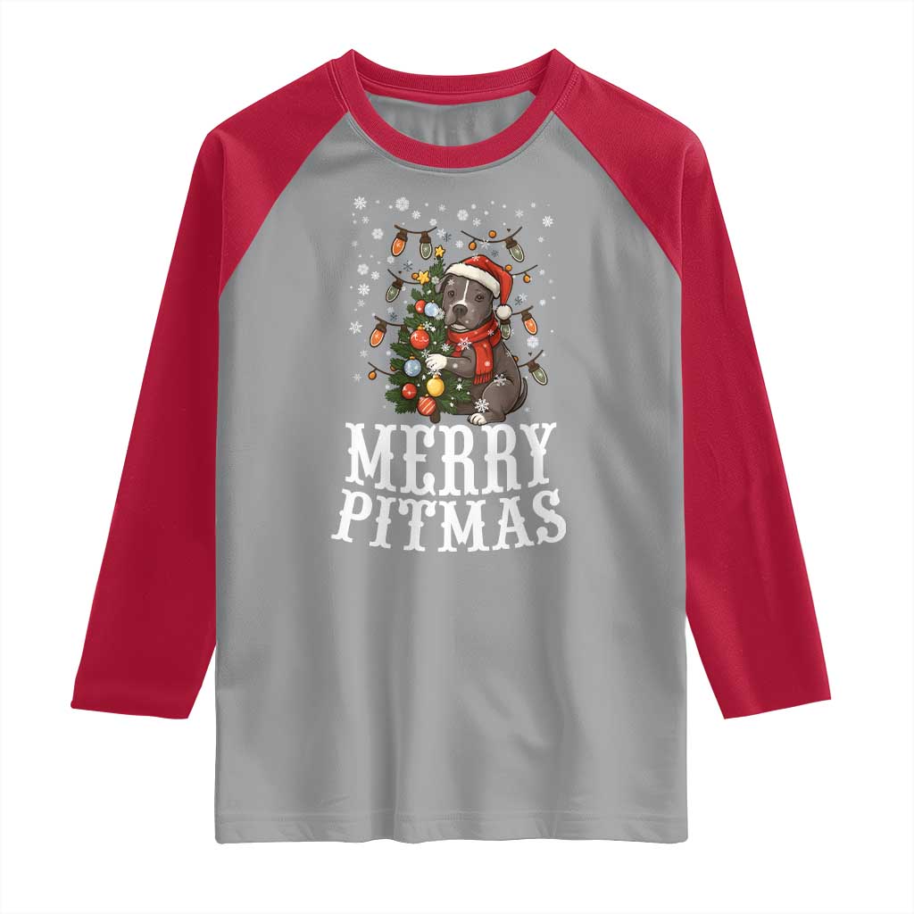 Christmas Pitbull Raglan Shirt Funny Merry Pitmas Tree Hug - Wonder Print Shop