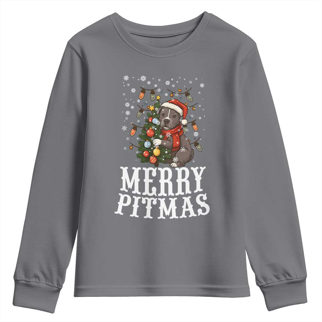 Christmas Pitbull Youth Sweatshirt Funny Merry Pitmas Tree Hug - Wonder Print Shop