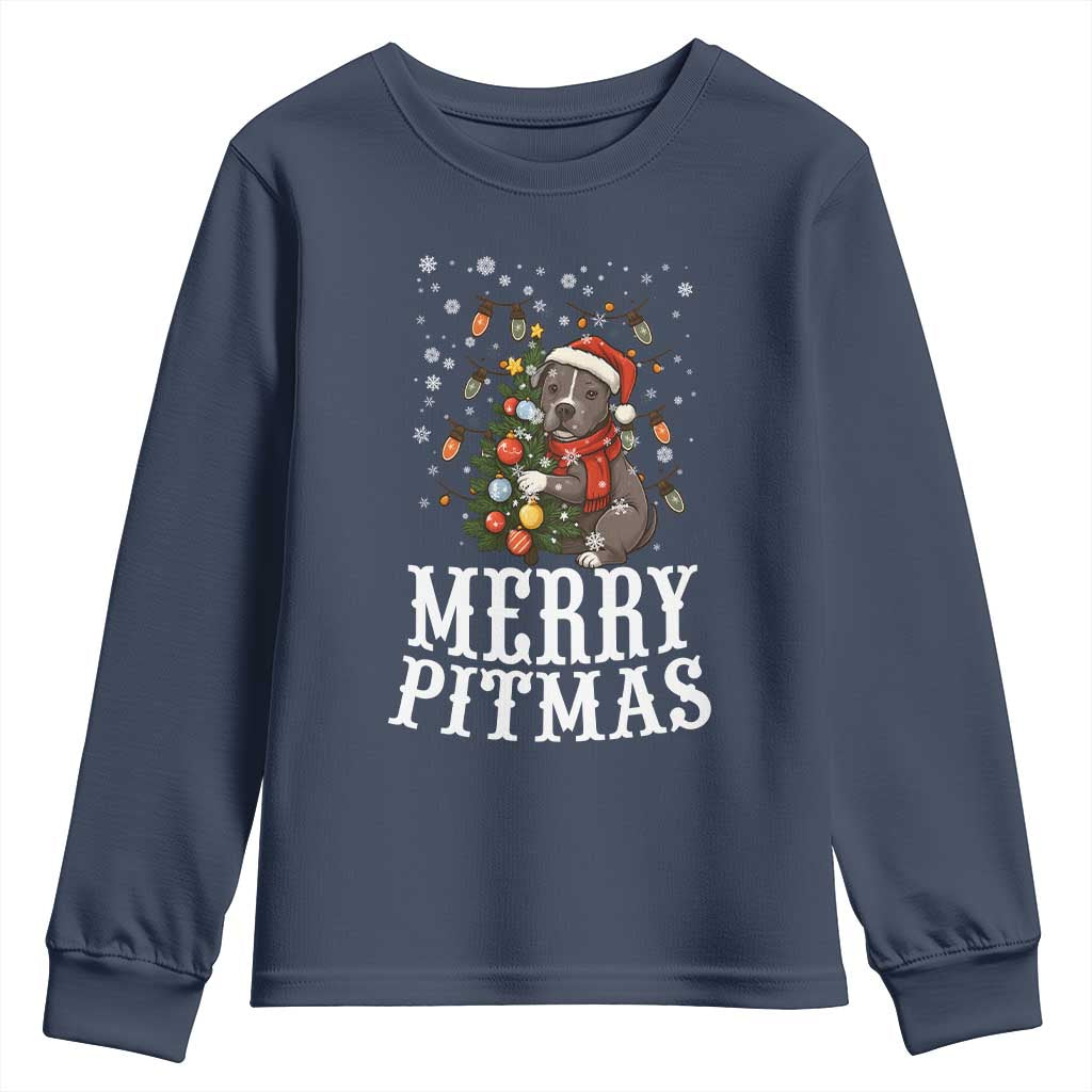 Christmas Pitbull Youth Sweatshirt Funny Merry Pitmas Tree Hug - Wonder Print Shop