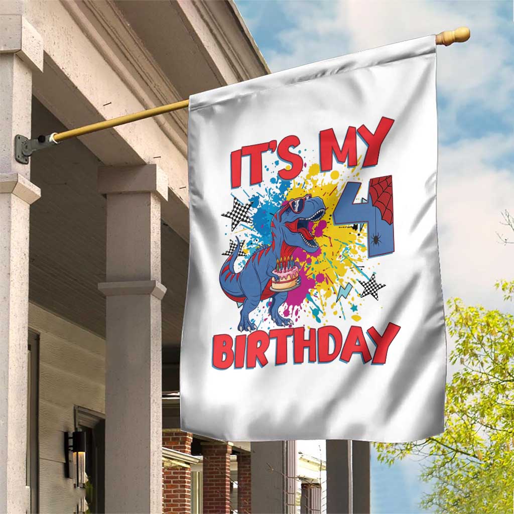 Dino Spider Its My 4th Birthday Garden Flag Dinosaur Gift For Boys