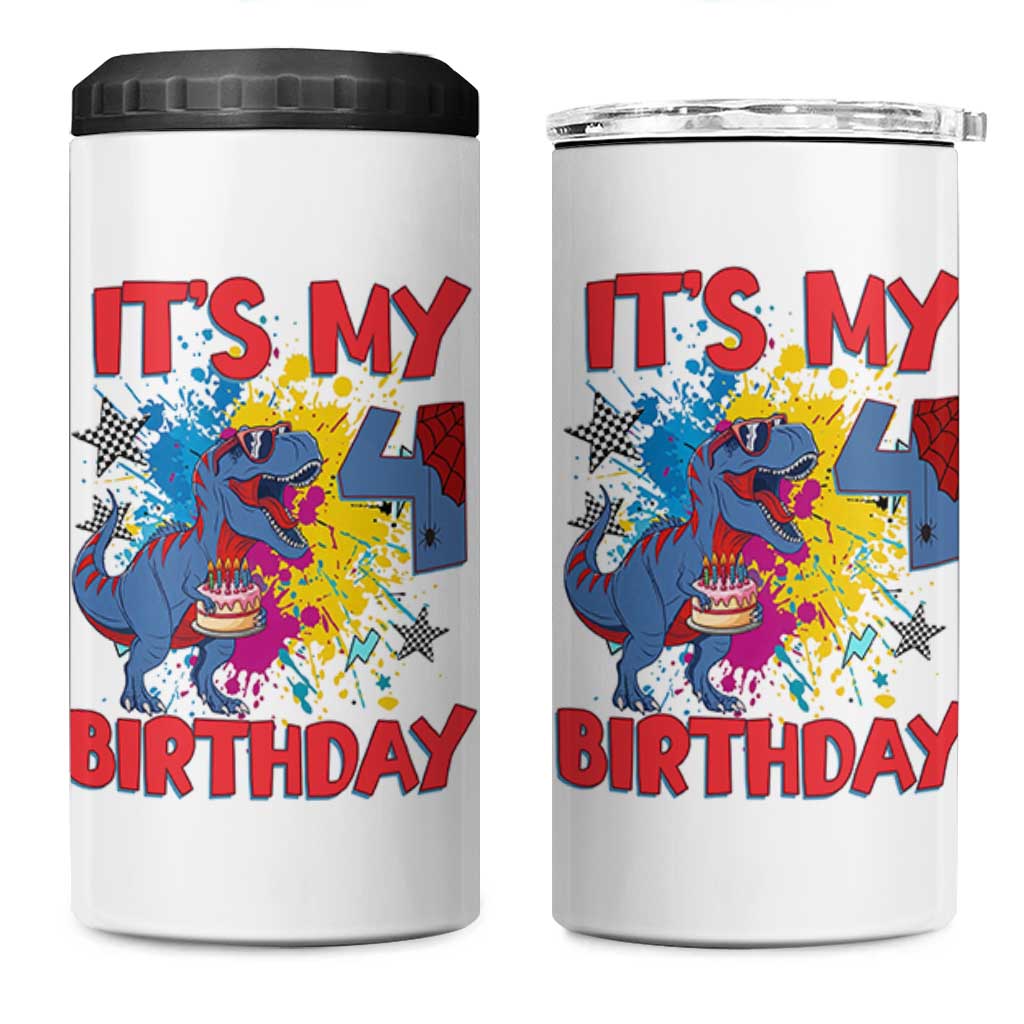 Dino Spider Its My 4th Birthday 4 in 1 Can Cooler Tumbler Dinosaur Gift For Boys