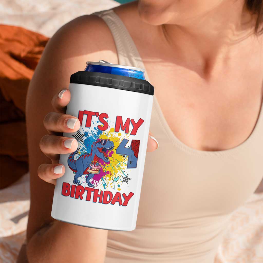 Dino Spider Its My 4th Birthday 4 in 1 Can Cooler Tumbler Dinosaur Gift For Boys