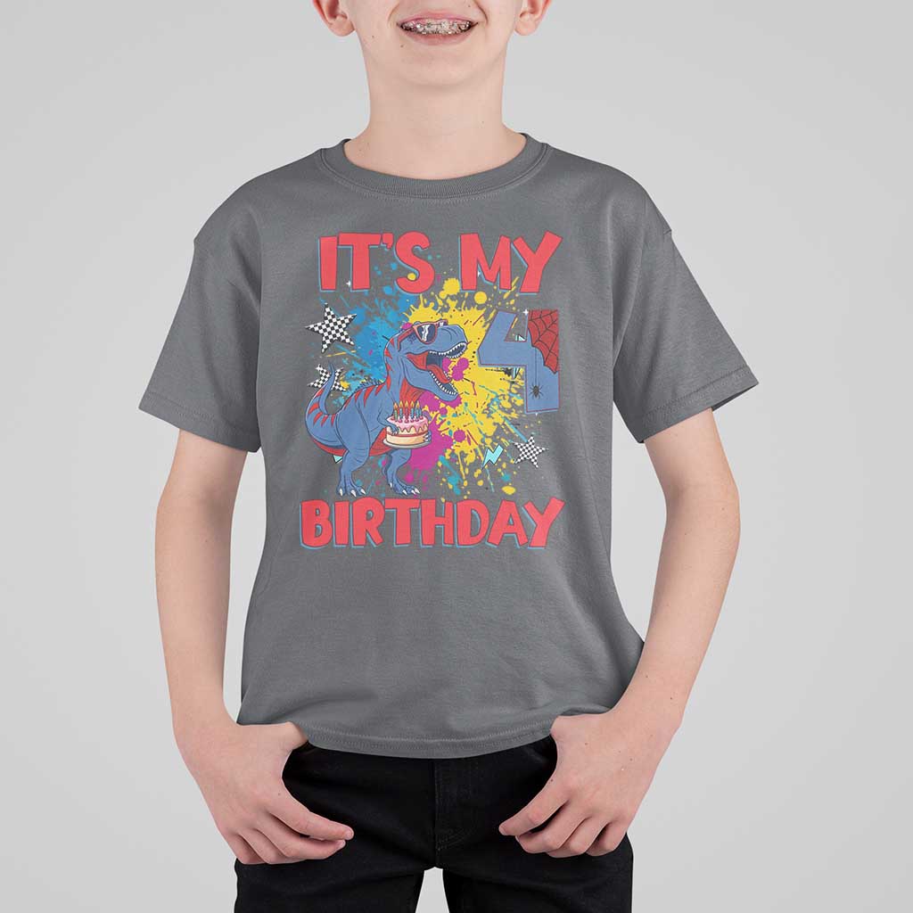 Dino Spider Its My 4th Birthday T Shirt For Kid Dinosaur Gift For Boys
