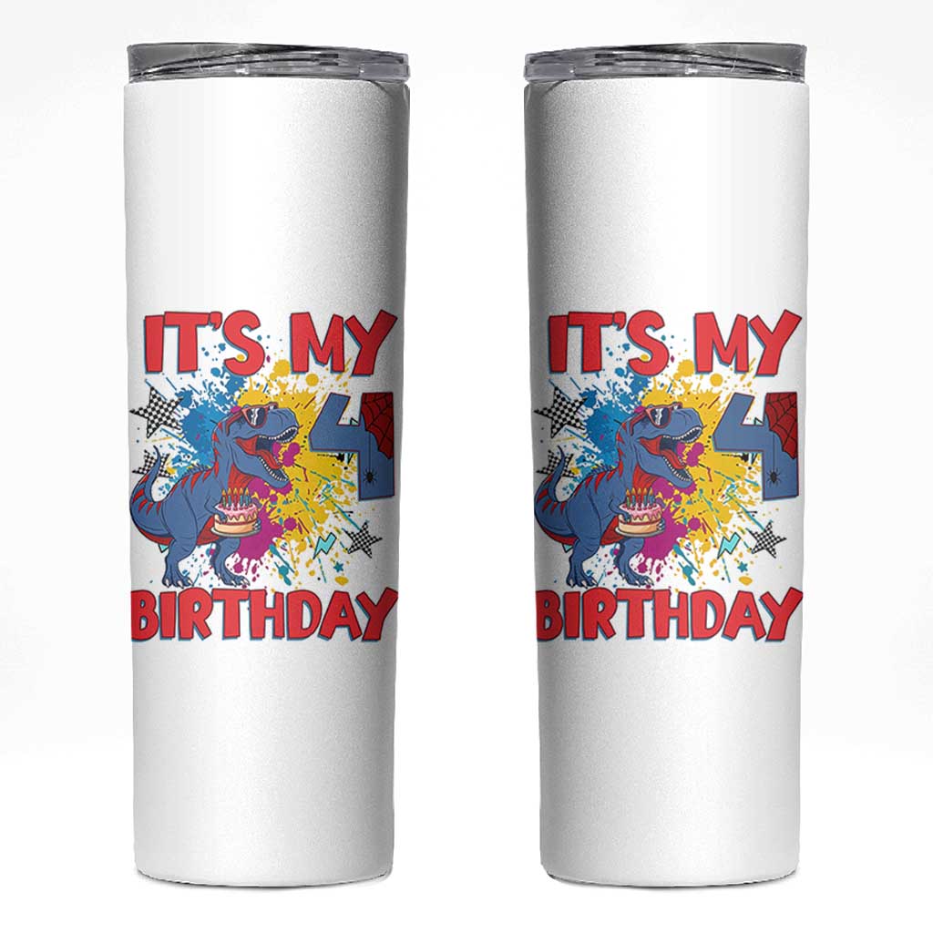Dino Spider Its My 4th Birthday Skinny Tumbler Dinosaur Gift For Boys