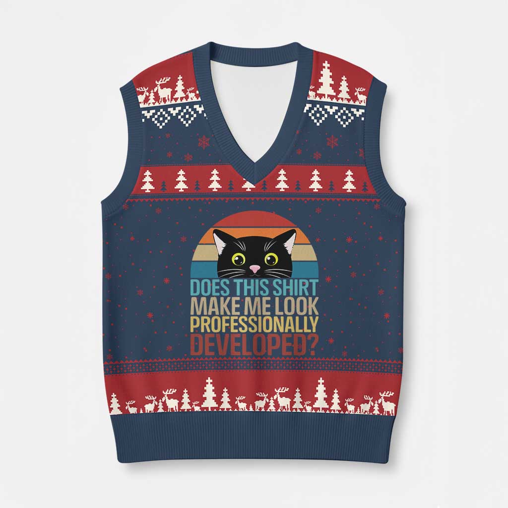 Vintage Black Cat V-Neck Knit Sweater Vest Does This Shirt Make Me Look Professionally Developed