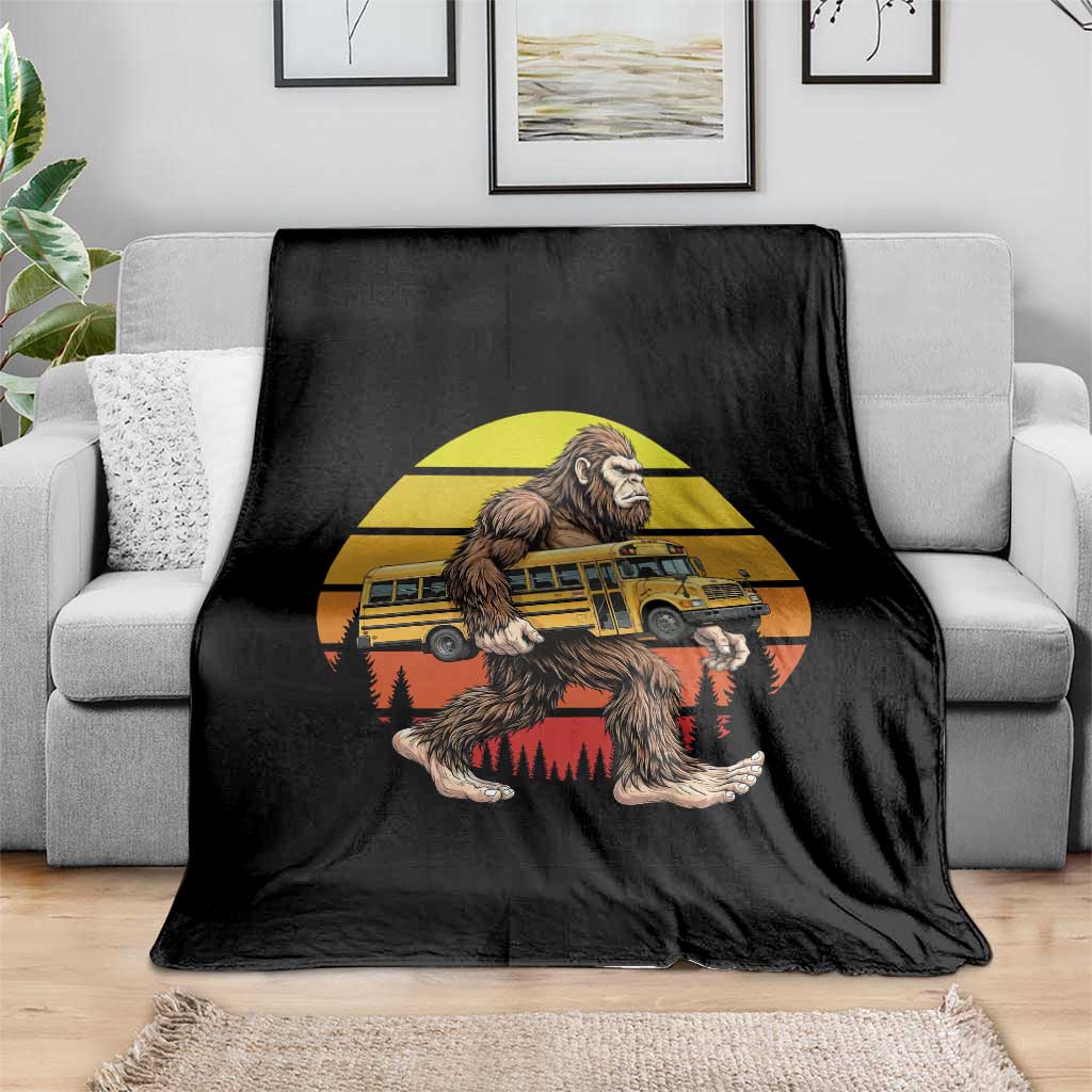 Funny Bigfoot School Bus Lover Throw Blanket Sasquatch Back To School Vintage Gift